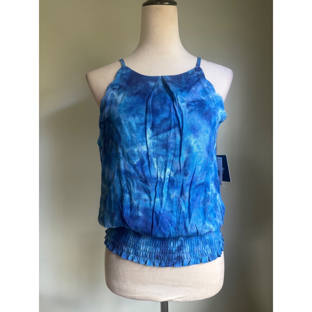 Blue Tie Dye Smock HalterTop Blouse Medium NWT resort colorful dainty whimsi y2k